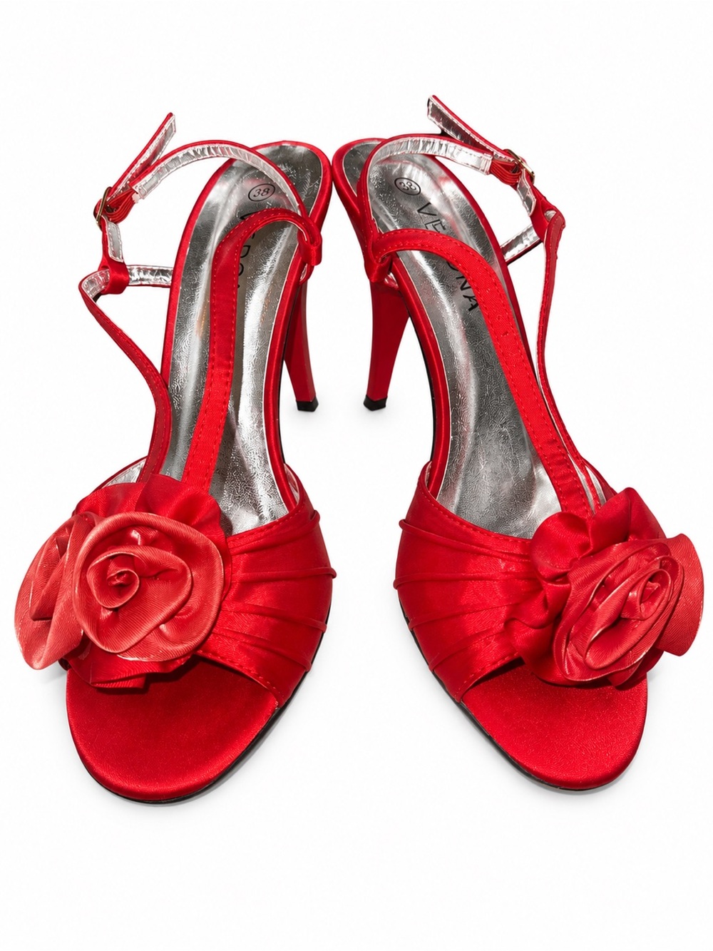 Red Satin Floral T-Strap Heels by Verona